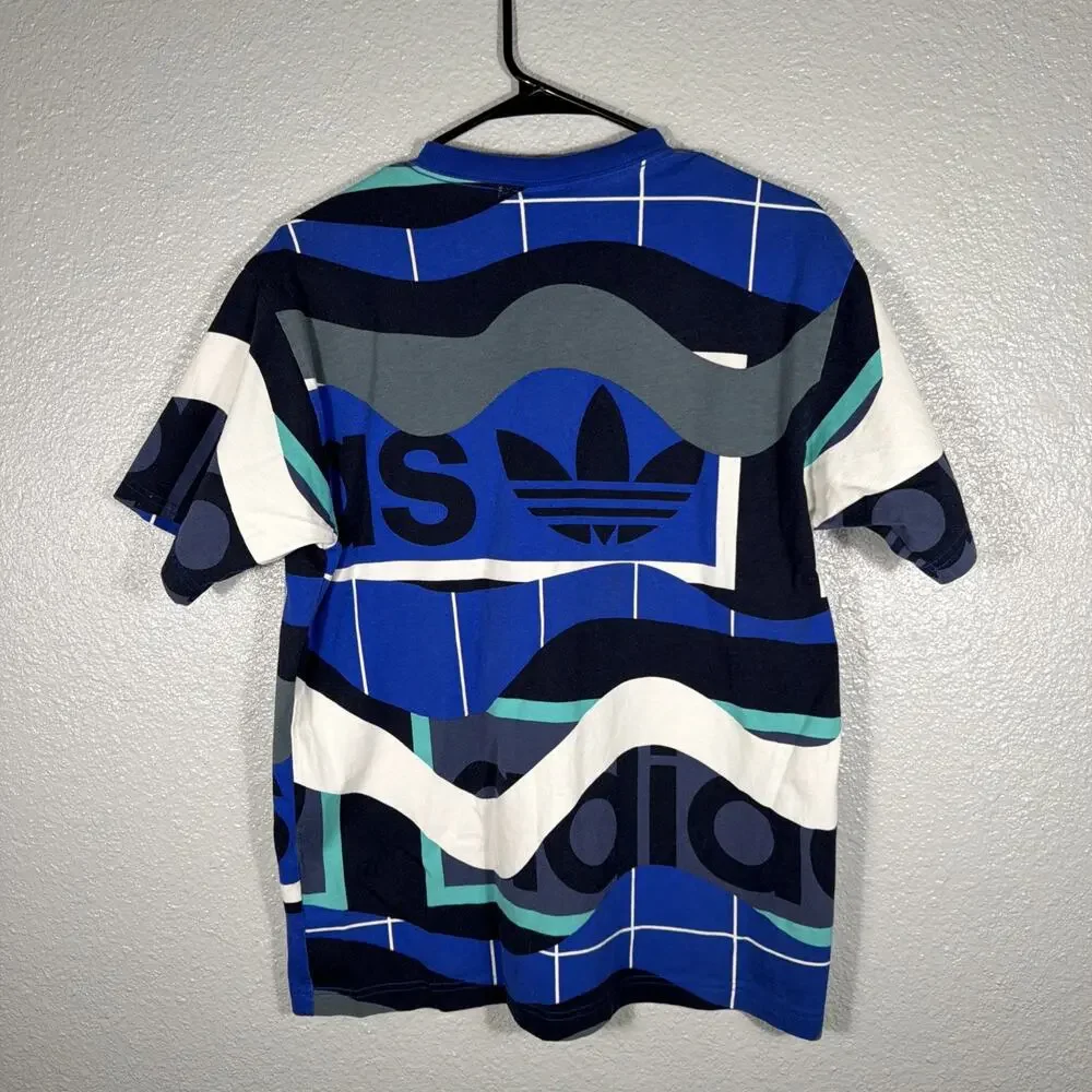 Adidas Originals Logo AOP Men's Medium T-Shirt Graphic Blue White Black